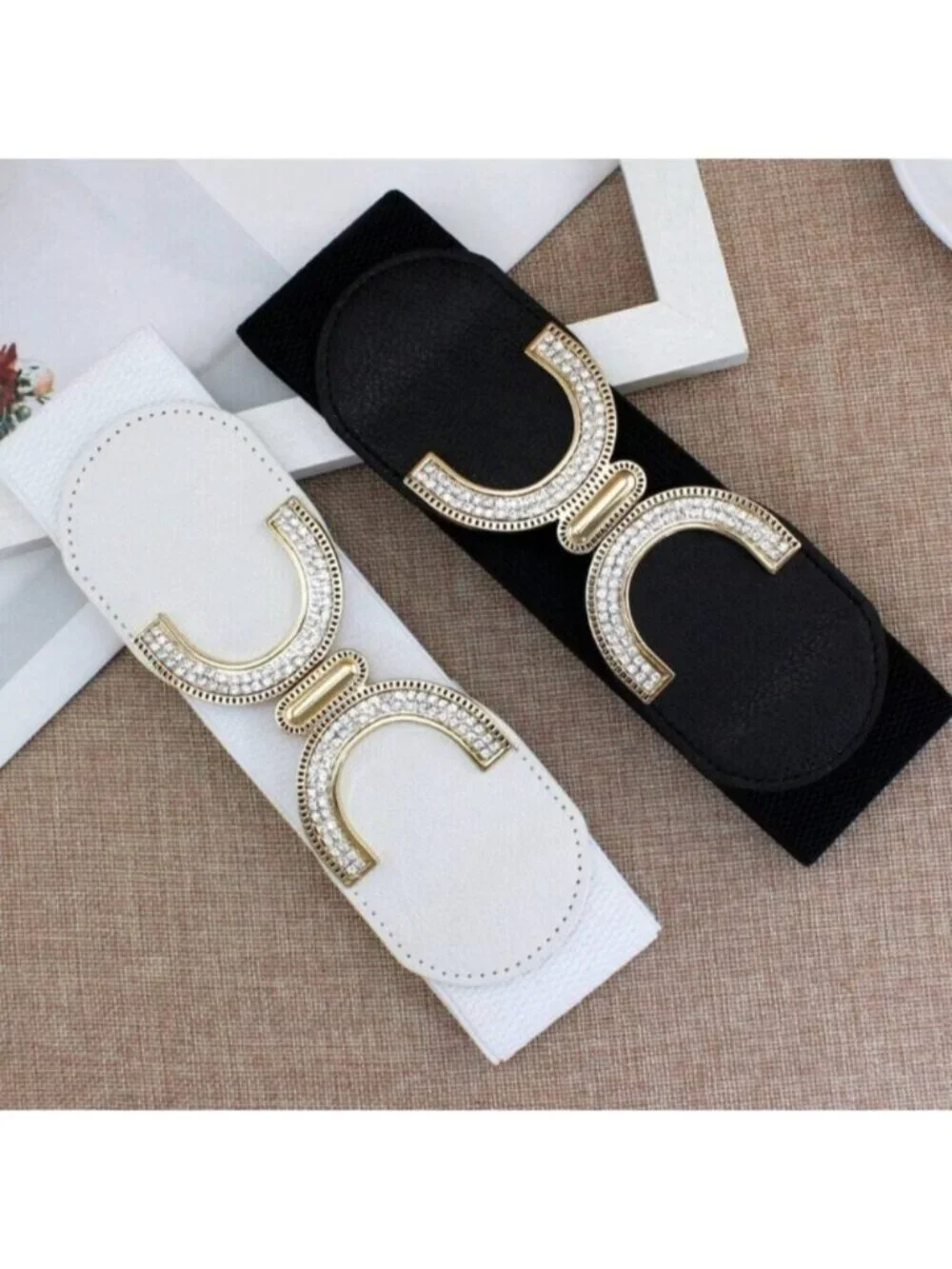 Rhinestone Buckle With Elastic Waist Belt White
